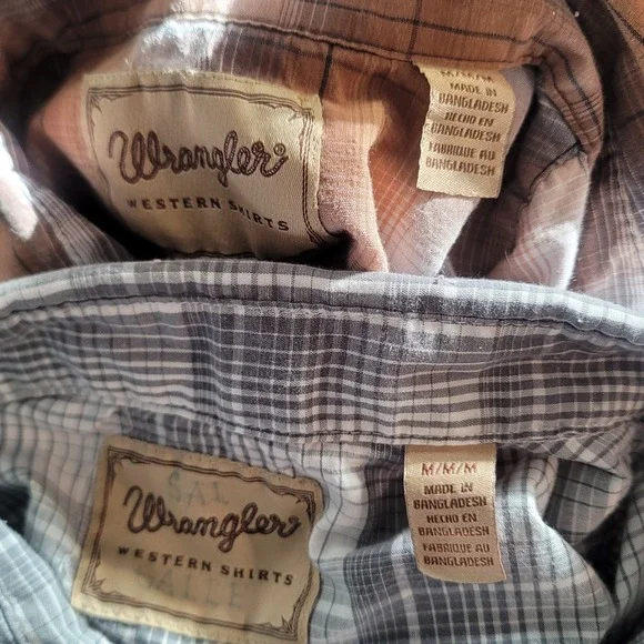 Lot of 2 Wrangler Shirt M Brown Gray Long Sleeve Pearl Snap Plaid Western Cowboy - Picture 4 of 8
